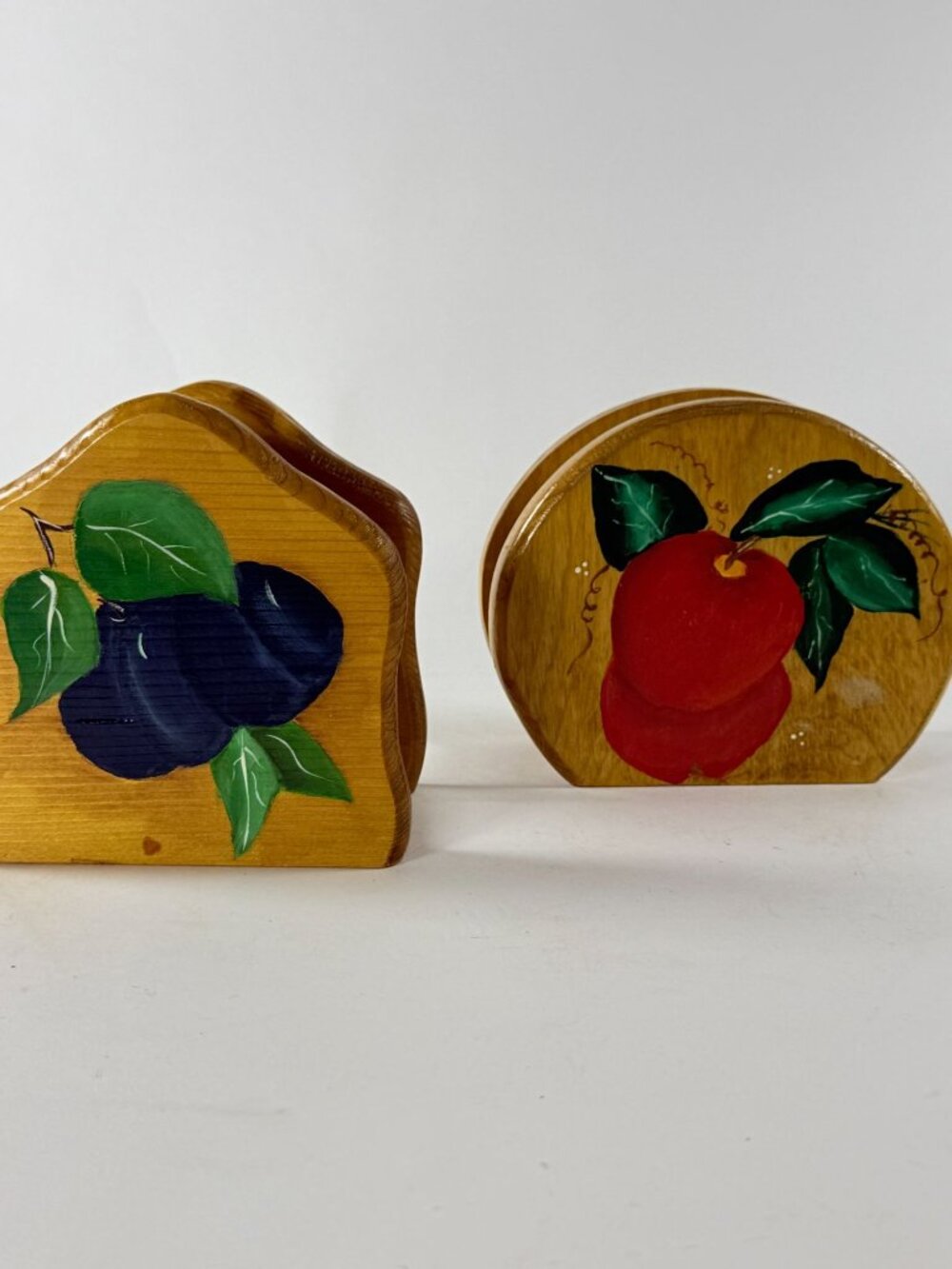 Vintage 2 Decor Hand Painted Wooden Napkin Holders Fruit Design Apple Plum